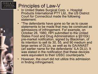 Principles of Law-V
• In United States Surgical Corp. v. Hospital
  Products International PTY Ltd., the US District
  Court for Connecticut made the following
  statement:
• “The defendants have gone so far as to cause
  statements to be made that may be construed as
  admissions of infringement. For example, on
  October 28, 1980, HPI submitted to the United
  States Food and Drug Administration a §510(k)
  pre-market notification, signed by Blackman, of
  its intention to sell its 30, 55, and 90 medium and
  large series of DLUs, as well as its GA/ANAST
  (an earlier name for the defendants’ ILA DLU). It
  was stated in the notification that these devices
  were equivalent to their USSC counterparts.”
• However, the court did not utilize this admission
  in finding infringement.
 