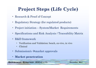 Project Steps (
       j       p (Life Cycle)
                        y )
• Research & Proof of Concept

• Regulatory Strategy (for regulated products)

• Project initiation – System/Market Requirements

• Specifications and Risk Analysis / Traceability Matrix

• R&D framework
   • Verification and Validation: bench, ex-vivo, in vivo
   • Clinical

• Submission/s       market approvals

• Market penetration
                                                      December 2011
 