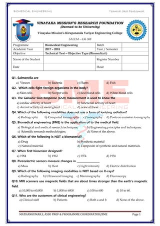 Biomedical Engineering Questions Biomedical Technical Skill Development - Questions (Multi Choice Type ...