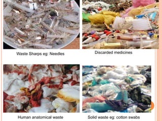 Waste Sharps eg: Needles
Human anatomical waste
Discarded medicines
Solid waste eg: cotton swabs
10
 