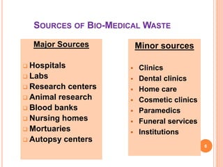 SOURCES OF BIO-MEDICAL WASTE
Major Sources
 Hospitals
 Labs
 Research centers
 Animal research
 Blood banks
 Nursing homes
 Mortuaries
 Autopsy centers
Minor sources
 Clinics
 Dental clinics
 Home care
 Cosmetic clinics
 Paramedics
 Funeral services
 Institutions
6
 