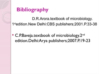 Bibliography
D.R.Arora.textbook of microbiology.
1st
edition.New Delhi:CBS publishers;2001.P.33-38
 C.P.Baveja.textbook of microbiology.2nd
edition.Delhi:Arya publishers;2007.P.19-23
 