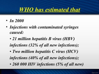 WHO has estimated that
• In 2000
• Injections with contaminated syringes
caused:
• 21 million hepatitis B virus (HBV)
infections (32% of all new infections);
• Two million hepatitis C virus (HCV)
infections (40% of all new infections);
• 260 000 HIV infections (5% of all new)
 