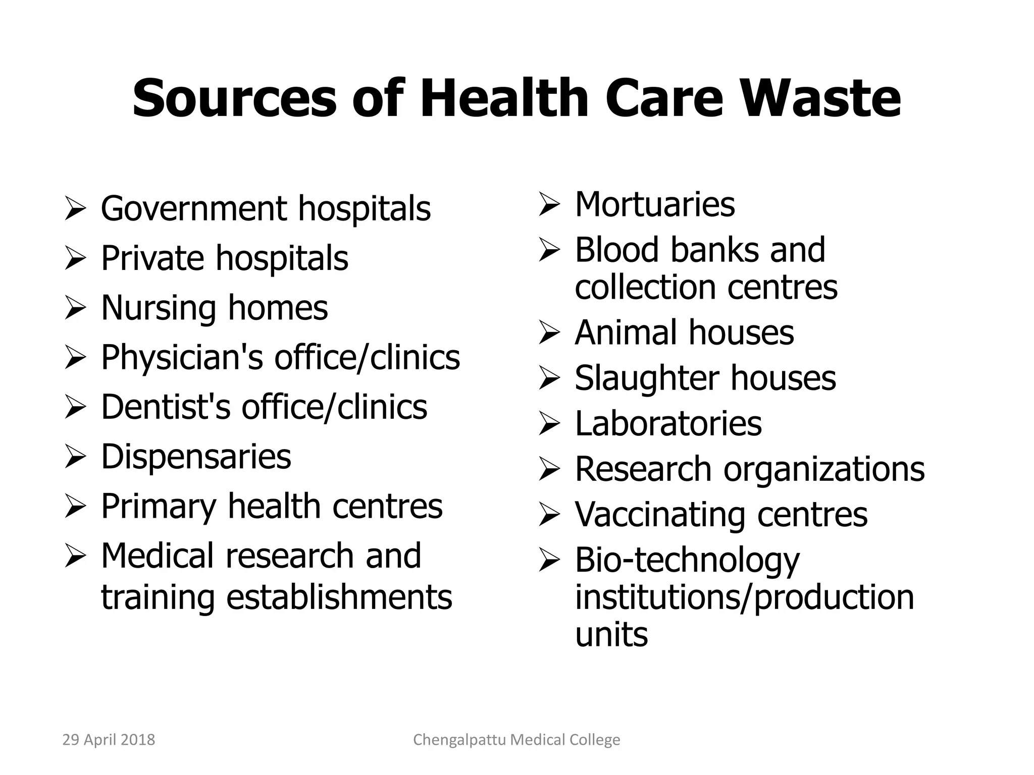 Sources of Health Care Waste
 Government hospitals
 Private hospitals
 Nursing homes
 Physician's office/clinics
 Dentist's office/clinics
 Dispensaries
 Primary health centres
 Medical research and
training establishments
 Mortuaries
 Blood banks and
collection centres
 Animal houses
 Slaughter houses
 Laboratories
 Research organizations
 Vaccinating centres
 Bio-technology
institutions/production
units
29 April 2018 Chengalpattu Medical College
 