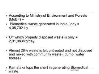 5/13/201811
 According to Ministry of Environment and Forests
(MoEF) –
 Biomedical waste generated in India / day =
4,05,702 kg.
 Off which properly disposed waste is only =
2,91,983/kg/day.
 Almost 28% waste is left untreated and not disposed
and mixed with community waste ( dump, water
bodies).
 Karnataka tops the chart in generating Biomedical
waste.
 