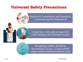 Universal Safety Precautions
Medical & Paramedical staff should be
vaccinated against Hepatitis B
Using heavy duty gloves especially
while dealing with infectious wastes
Recapping needles should be
discouraged. In case, if unavoidable
single handed method should be used
24 5/13/2018
 