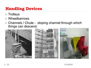 Handling Devices
 Trolleys
 Wheelbarrows
 Channels / Chute - sloping channel through which
things can descend.
32 5/13/2018
 