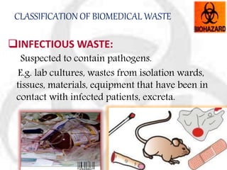CLASSIFICATION OF BIOMEDICAL WASTE
INFECTIOUS WASTE:
Suspected to contain pathogens.
E.g. lab cultures, wastes from isolation wards,
tissues, materials, equipment that have been in
contact with infected patients, excreta.
 
