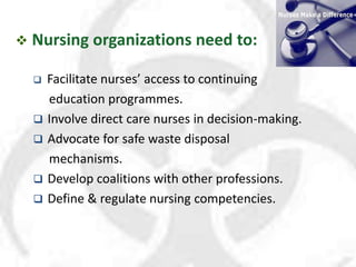  Nursing organizations need to:
 Facilitate nurses’ access to continuing
education programmes.
 Involve direct care nurses in decision-making.
 Advocate for safe waste disposal
mechanisms.
 Develop coalitions with other professions.
 Define & regulate nursing competencies.
 