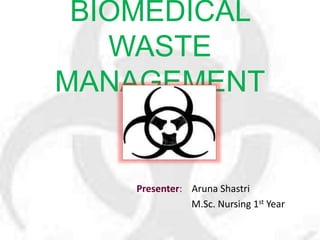 BIOMEDICAL
WASTE
MANAGEMENT
Presenter: Aruna Shastri
M.Sc. Nursing 1st Year
 