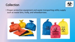 Collection
• Proper protective equipment and waste transporting utility supply
such as waste bins, trolly, and wheelbarrows.
 