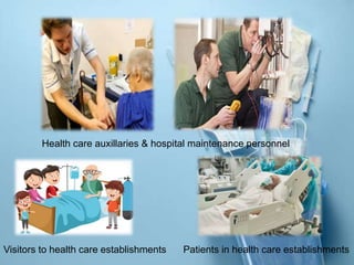 Health care auxillaries & hospital maintenance personnel
Patients in health care establishments
Visitors to health care establishments
 