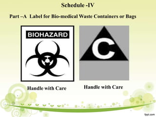 Schedule -IV
Part –A Label for Bio-medical Waste Containers or Bags
Handle with Care Handle with Care
 
