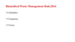 Biomedical Waste Management Rule,2016
• 4 Schedules
• 4 Categories
• 5 Forms
 