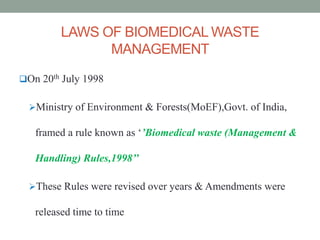 LAWS OF BIOMEDICAL WASTE
MANAGEMENT
On 20th July 1998
Ministry of Environment & Forests(MoEF),Govt. of India,
framed a rule known as ‘’Biomedical waste (Management &
Handling) Rules,1998’’
These Rules were revised over years & Amendments were
released time to time
 
