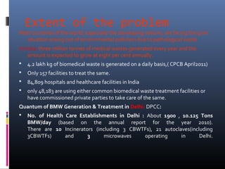 Extent of the problem
Most countries of the world, especially the developing nations, are facing the grim
  situation arising out of environmental pollution due to pathological waste
In India :three million tonnes of medical wastes generated every year and the
     amount is expected to grow at eight per cent annually.
 4.2 lakh kg of biomedical waste is generated on a daily basis,( CPCB April2011)
   Only 157 facilities to treat the same.
   84,809 hospitals and healthcare facilities in India
   only 48,183 are using either common biomedical waste treatment facilities or
    have commissioned private parties to take care of the same.
Quantum of BMW Generation & Treatment in Delhi- DPCC:
 No. of Health Care Establishments in Delhi : About 1900 , 10.125 Tons
  BMW/day (based on the annual report for the year 2010).
  There are 10 Incinerators (including 3 CBWTFs), 21 autoclaves(including
  3CBWTFs)      and      3      microwaves     operating    in      Delhi.
 