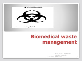 Biomedical waste
management
13-10-2018 1
SUNIL KUMAR. P ST.JOHN'S
MEDICAL COLLEGE ,
BANGALORE
 