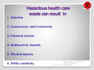 Hazardoushealth care
waste canresult in
1. Infection
2. Genotoxicity and Cytotoxicity
3. Chemical toxicity
4. Radioactivity hazards.
5. Physical injuries
6. Public sensitivity. 13-10-2018 10
SUNIL KUMAR. P ST.JOHN'S
MEDICAL COLLEGE ,
BANGALORE
 