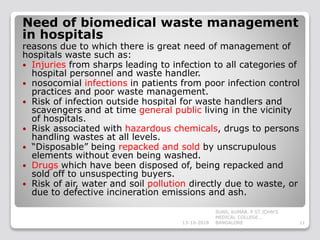 Need of biomedical waste management
in hospitals
reasons due to which there is great need of management of
hospitals waste such as:
 Injuries from sharps leading to infection to all categories of
hospital personnel and waste handler.
 nosocomial infections in patients from poor infection control
practices and poor waste management.
 Risk of infection outside hospital for waste handlers and
scavengers and at time general public living in the vicinity
of hospitals.
 Risk associated with hazardous chemicals, drugs to persons
handling wastes at all levels.
 “Disposable” being repacked and sold by unscrupulous
elements without even being washed.
 Drugs which have been disposed of, being repacked and
sold off to unsuspecting buyers.
 Risk of air, water and soil pollution directly due to waste, or
due to defective incineration emissions and ash.
13-10-2018 11
SUNIL KUMAR. P ST.JOHN'S
MEDICAL COLLEGE ,
BANGALORE
 
