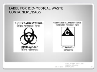 LABEL FOR BIO-MEDICAL WASTE
CONTAINERS/BAGS
13-10-2018 20
SUNIL KUMAR. P ST.JOHN'S
MEDICAL COLLEGE ,
BANGALORE
 
