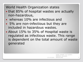 World Health Organization states
 that 85% of hospital wastes are actually
non-hazardous,
 whereas 10% are infectious and
 5% are non-infectious but they are
included in hazardous wastes.
 About 15% to 35% of Hospital waste is
regulated as infectious waste. This range
is dependent on the total amount of waste
generated
13-10-2018 3
SUNIL KUMAR. P ST.JOHN'S
MEDICAL COLLEGE ,
BANGALORE
 