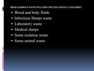 BIOHAZARDOUSWASTEINCLUDESTHEFOLLOWINGCATEGORIES
 Blood and body fluids
 Infectious Sharps waste
 Laboratory waste
 Medical sharps
 Some isolation waste
 Some animal waste
 