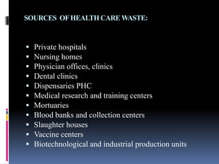 SOURCES OFHEALTH CARE WASTE:
 Private hospitals
 Nursing homes
 Physician offices, clinics
 Dental clinics
 Dispensaries PHC
 Medical research and training centers
 Mortuaries
 Blood banks and collection centers
 Slaughter houses
 Vaccine centers
 Biotechnological and industrial production units
 