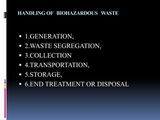 HANDLING OF BIOHAZARDOUS WASTE
 1.GENERATION,
 2.WASTE SEGREGATION,
 3.COLLECTION
 4.TRANSPORTATION,
 5.STORAGE,
 6.END TREATMENT OR DISPOSAL
 
