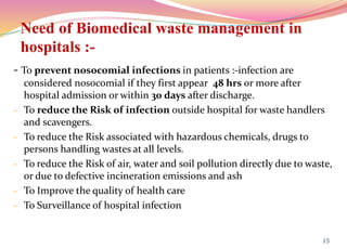 Need of Biomedical waste management in
hospitals :-
- To prevent nosocomial infections in patients :-infection are
considered nosocomial if they first appear 48 hrs or more after
hospital admission or within 30 days after discharge.
- To reduce the Risk of infection outside hospital for waste handlers
and scavengers.
- To reduce the Risk associated with hazardous chemicals, drugs to
persons handling wastes at all levels.
- To reduce the Risk of air, water and soil pollution directly due to waste,
or due to defective incineration emissions and ash
- To Improve the quality of health care
- To Surveillance of hospital infection
15
 