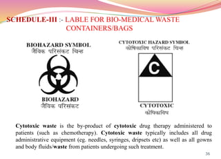 SCHEDULE-III :- LABLE FOR BIO-MEDICAL WASTE
CONTAINERS/BAGS
36
Cytotoxic waste is the by-product of cytotoxic drug therapy administered to
patients (such as chemotherapy). Cytotoxic waste typically includes all drug
administrative equipment (eg. needles, syringes, dripsets etc) as well as all gowns
and body fluids/waste from patients undergoing such treatment.
 