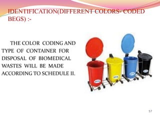 IDENTIFICATION(DIFFERENT COLORS- CODED
BEGS) :-
THE COLOR CODING AND
TYPE OF CONTAINER FOR
DISPOSAL OF BIOMEDICAL
WASTES WILL BE MADE
ACCORDING TO SCHEDULE II.
57
 