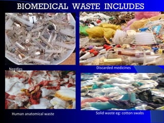 BIOMEDICAL WASTE INCLUDES
Needles Discarded medicines
Human anatomical waste Solid waste eg: cotton swabs
 
