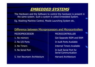 EMBEDDED SYSTEMS
The Hardware and the Software to control the hardware is present in
  the same system. Such a system is called Embedded System.
Eg. Washing Machine Control, Missile Launching System etc.


Difference between Microprocessors and Microcontrollers
MICROPROCEESOR                         MICROCONTROLLER
1. No memory                           Got Separate ROM and RAM
2. No I/O Ports                        In built Ports Available
3. No Timers                           Internal Timers Available
4. No Serial Port                      In built Serial Port for
                                       Serial Communication
5. Von Neumann Architecture            Harvard Architecture
 