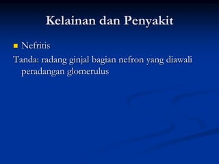 Kelainan dan Penyakit
 Nefritis
Tanda: radang ginjal bagian nefron yang diawali
peradangan glomerulus
 