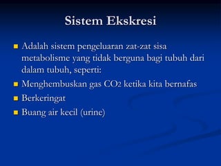 Sistem Ekskresi
 Adalah sistem pengeluaran zat-zat sisa
metabolisme yang tidak berguna bagi tubuh dari
dalam tubuh, seperti:
 Menghembuskan gas CO2 ketika kita bernafas
 Berkeringat
 Buang air kecil (urine)
 