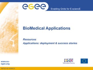 INFSO-RI-508833
Enabling Grids for E-sciencE
www.eu-
egee.org
BioMedical Applications
Resources
Applications: deployment & success stories
 