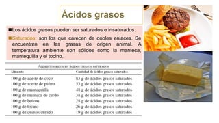 Ácidos grasos
Los ácidos grasos pueden ser saturados e insaturados.
Saturados: son los que carecen de dobles enlaces. Se
encuentran en las grasas de origen animal. A
temperatura ambiente son sólidos como la manteca,
mantequilla y el tocino.
a) b)
 