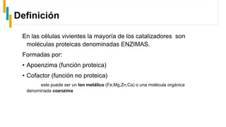 Definición
En las células vivientes la mayoría de los catalizadores son
moléculas proteicas denominadas ENZIMAS.
Formadas por:
• Apoenzima (función proteica)
• Cofactor (función no proteica)
este puede ser un Ion metálico (Fe,Mg,Zn,Ca) o una molécula orgánica
denominada coenzima
 