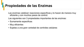 Propiedades de las Enzimas
Las enzimas catalizan reacciones especificas y lo hacen de manera muy
eficiente y con muchos pasos de control.
Las siguientes son 3 propiedades importantes de las enzimas:
• Sumamente especificas
• Muy eficientes
• Sujetas a una gran variedad de controles celulares
 