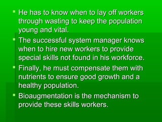  He has to know when to lay off workersHe has to know when to lay off workers
through wasting to keep the populationthrough wasting to keep the population
young and vital.young and vital.
 The successful system manager knowsThe successful system manager knows
when to hire new workers to providewhen to hire new workers to provide
special skills not found in his workforce.special skills not found in his workforce.
 Finally, he must compensate them withFinally, he must compensate them with
nutrients to ensure good growth and anutrients to ensure good growth and a
healthy population.healthy population.
 Bioaugmentation is the mechanism toBioaugmentation is the mechanism to
provide these skills workers.provide these skills workers.
 