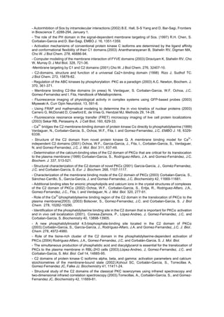 - Autoinhibition of Sos by intramolecular interactions (2002) B.E. Hall, S-S Yang and D. Bar-Sagi, Frontiers
in Bioscience 7, d288-294, January 1.
- The role of the PH domain in the signal-dependent membrane targeting of Sos. (1997) R.H. Chen, S.
Corbalan-Garcia and D. Bar-Sagi, EMBO J. 16, 1351-1359.
- Activation mechanisms of conventional protein kinase C isoforms are determined by the ligand affinity
and conformational flexibility of their C1 domains.(2003) Ananthanarayanan B, Stahelin RV, Digman MA,
Cho W. J Biol Chem. 278, 46886-94.
- Computer modeling of the membrane interaction of FYVE domains (2003) Diraviyam K, Stahelin RV, Cho
W, Murray D. J Mol Biol. 328, 721-36.
-Membrane targeting by C1 and C2 domains (2001) Cho W. J Biol Chem. 276, 32407-10.
- C2-domains, structure and function of a universal Ca2+-binding domain (1998) Rizo J, Sudhof TC.
J Biol Chem. 273, 15879-82.
- Regulation of the ABC kinases by phosphorylation: PKC as a paradigm (2003) A.C. Newton, Biochem. J.
370, 361-371.
- Membrane binding C2-like domains (in press) N. Verdaguer, S. Corbalan-Garcia, W.F. Ochoa, J.C.
Gomez-Fernandez and I. Fita, Handbook of Metalloproteins.
- Fluorescence imaging of physiological activity in complex systems using GFP-based probes (2003)
Miyawaki A. Curr Opin Neurobiol. 13, 591-6.
- Using FRAP and mathematical modeling to determine the in vivo kinetics of nuclear proteins (2003)
Carrero G, McDonald D, Crawford E, de Vries G, Hendzel MJ. Methods 29, 14-28.
- Fluorescence resonance energy transfer (FRET) microscopy imaging of live cell protein localizations
(2003) Sekar RB, Periasamy A. J Cell Biol. 160, 629-33.
- Ca2+ bridges the C2 membrane-binding domain of protein kinase Cα directly to phosphatidylserine (1999)
Verdaguer, N., Corbalan-Garcia, S., Ochoa, W.F., Fita, I. and Gomez-Fernandez, J.C. EMBO J. 18, 6329-
6338.
                                                               ε.
- Structure of the C2 domain from novel protein kinase C A membrane binding model for Ca2+ -
independent C2 domains (2001) Ochoa, W.F., Garcia-Garcia, J., Fita, I., Corbalan-Garcia, S., Verdaguer,
N. and Gomez-Fernandez, J.C. J. Mol. Biol. 311, 837-49.
- Determination of the calcium-binding sites of the C2 domain of PKCα that are critical for its translocation
to the plasma membrane (1999) Corbalan-Garcia, S., Rodríguez-Alfaro, J.A. and Gomez-Fernández, J.C.
Biochem. J. 337, 513-521.
- Structural characterization of the C2 domain of novel PKCε (2001) García-García, J., Goméz-Fernandez,
J.C. and Corbalan-García, S. Eur. J. Biochem. 268, 1107-1117.
- Characterization of the membrane binding mode of the C2 domain of PKCε (2003) Corbalan-García, S.,
Sánchez-Carrillo, S., García-García, J. and Gomez-Fernandez, J.C. Biochemistry 42, 11669-11681.
- Additional binding sites for anionic phospholipids and calcium ions in the crystal structures of complexes
of the C2 domain of PKCα (2002) Ochoa, W.F., Corbalan-Garcia, S., Eritja, R., Rodriguez-Alfaro, J.A.,
Gomez-Fernandez, J.C., Fita, I. and Verdaguer, N. J. Mol. Biol. 320, 277-91.
- Role of the Ca2+ /phosphatidylserine binding region of the C2 domain in the translocation of PKCα to the
plasma membrane(2003). (2003) Bolsover, S., Gomez-Fernandez, J.C. and Corbalan-Garcia, S. J Biol
Chem. 278, 10282-10290.
- Identification of the phosphatidylserine binding site in the C2 domain that is important for PKCα activation
and in vivo cell localization (2001). Conesa-Zamora, P., López-Andreo, J, Gomez-Fernandez, J.C. and
Corbalan-Garcia, S. Biochemistry 40, 13898-13905.
- A new phosphatidylinositol 4,5-bisphosphate-binding site located in the C2 domain of PKCα
(2003).Corbalán-Garcia, S., García-García, J., Rodríguez-Alfaro, J.A. and Gomez-Fernandez, J.C. J. Biol..
Chem. 278, 4972-4980.
- Role of the lisine-rich cluster of the C2 domain in the phosphatidylserine-dependent activation of
PKCα.(2004) Rodríguez-Alfaro, J.A., Gomez-Fernandez, J.C. and Corbalán-Garcia, S. J. Mol. Biol.
- The simultaneous production of phosphatidic acid and diacylglycerol is essential for the translocation of
PKCε to the plasma membrane in RBL-2H3 cells (2003).López-Andreo, J, Gomez-Fernandez, J.C. and
Corbalan-Garcia, S. Mol. Biol. Cell 14, 14885-95.
- C2 domains of protein kinase C isoforms alpha, beta, and gamma: activation parameters and calcium
stoichiometries of the membrane-bound state (2002).Kohout SC, Corbalán-García, S., Torrecillas A,
Gomez-Fernandez JC, Falke JJ. Biochemistry 41, 11411-24.
- Structural study of the C2 domains of the classical PKC isoenzymes using infrared spectroscopy and
two-dimensional infrared correlation spectroscopy (2003).Torrecillas, A., Corbalán-García, S., and Gomez-
Fernandez JC. Biochemistry 42, 11669-81.
 