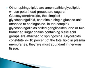  Other sphingolipids are amphipathic glycolipids
whose polar head groups are sugars.
Glucosylcerebroside, the simplest
glycosphingolipid, contains a single glucose unit
attached to sphingosine. In the complex
glycosphingolipids called gangliosides, one or two
branched sugar chains containing sialic acid
groups are attached to sphingosine. Glycolipids
constitute 2– 10 percent of the total lipid in plasma
membranes; they are most abundant in nervous
tissue.
 