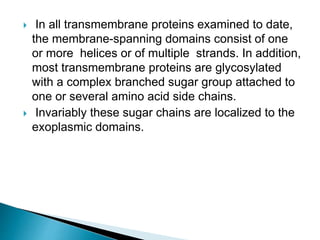  In all transmembrane proteins examined to date,
the membrane-spanning domains consist of one
or more helices or of multiple strands. In addition,
most transmembrane proteins are glycosylated
with a complex branched sugar group attached to
one or several amino acid side chains.
 Invariably these sugar chains are localized to the
exoplasmic domains.
 
