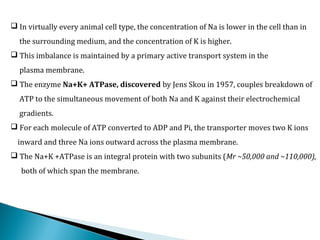  In virtually every animal cell type, the concentration of Na is lower in the cell than in
the surrounding medium, and the concentration of K is higher.
 This imbalance is maintained by a primary active transport system in the
plasma membrane.
 The enzyme Na+K+ ATPase, discovered by Jens Skou in 1957, couples breakdown of
ATP to the simultaneous movement of both Na and K against their electrochemical
gradients.
 For each molecule of ATP converted to ADP and Pi, the transporter moves two K ions
inward and three Na ions outward across the plasma membrane.
 The Na+K +ATPase is an integral protein with two subunits (Mr ~50,000 and ~110,000),
both of which span the membrane.
 