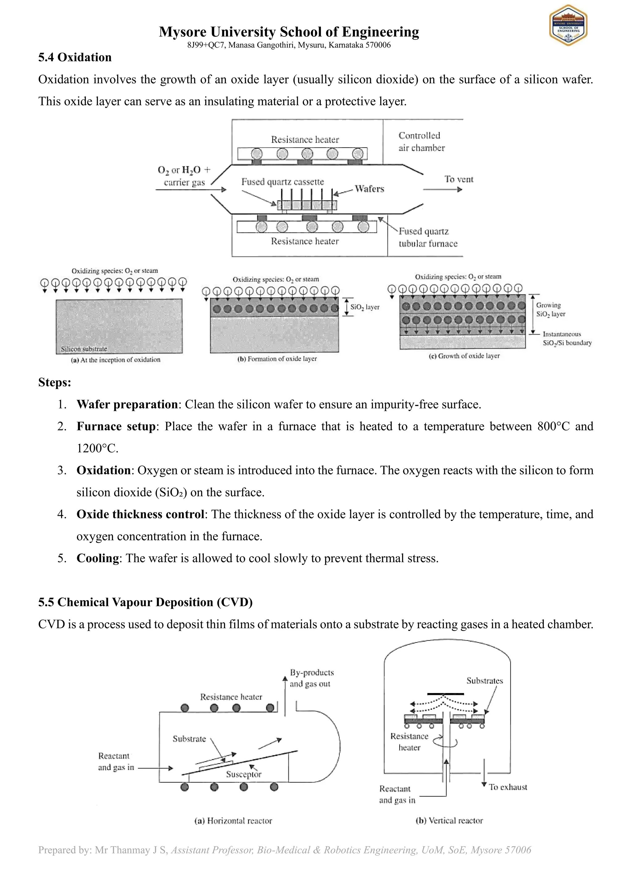 Mysore University School of Engineering
8J99+QC7, Manasa Gangothiri, Mysuru, Karnataka 570006
Prepared by: Mr Thanmay J S, Assistant Professor, Bio-Medical & Robotics Engineering, UoM, SoE, Mysore 57006
5.4 Oxidation
Oxidation involves the growth of an oxide layer (usually silicon dioxide) on the surface of a silicon wafer.
This oxide layer can serve as an insulating material or a protective layer.
Steps:
1. Wafer preparation: Clean the silicon wafer to ensure an impurity-free surface.
2. Furnace setup: Place the wafer in a furnace that is heated to a temperature between 800°C and
1200°C.
3. Oxidation: Oxygen or steam is introduced into the furnace. The oxygen reacts with the silicon to form
silicon dioxide (SiO₂) on the surface.
4. Oxide thickness control: The thickness of the oxide layer is controlled by the temperature, time, and
oxygen concentration in the furnace.
5. Cooling: The wafer is allowed to cool slowly to prevent thermal stress.
5.5 Chemical Vapour Deposition (CVD)
CVD is a process used to deposit thin films of materials onto a substrate by reacting gases in a heated chamber.
 