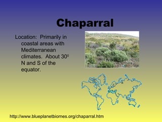 Chaparral
  Location: Primarily in
    coastal areas with
    Mediterranean
    climates. About 300
    N and S of the
    equator.




http://www.blueplanetbiomes.org/chaparral.htm
 