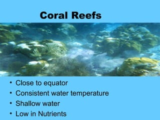 Coral Reefs




•   Close to equator
•   Consistent water temperature
•   Shallow water
•   Low in Nutrients
 