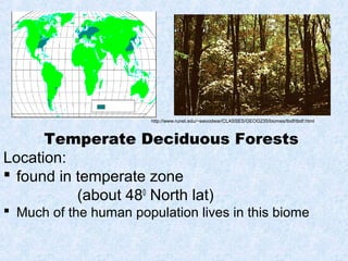 http://www.runet.edu/~swoodwar/CLASSES/GEOG235/biomes/tbdf/tbdf.html



      Temperate Deciduous Forests
Location:
 found in temperate zone
           (about 480 North lat)
 Much of the human population lives in this biome
 