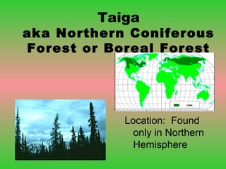 Taiga
aka Northern Coniferous
Forest or Boreal Forest
Location: Found
only in Northern
Hemisphere
 