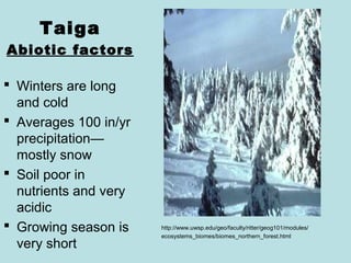 Taiga
Abiotic factors
 Winters are long
and cold
 Averages 100 in/yr
precipitation—
mostly snow
 Soil poor in
nutrients and very
acidic
 Growing season is
very short
http://www.uwsp.edu/geo/faculty/ritter/geog101/modules/
ecosystems_biomes/biomes_northern_forest.html
 